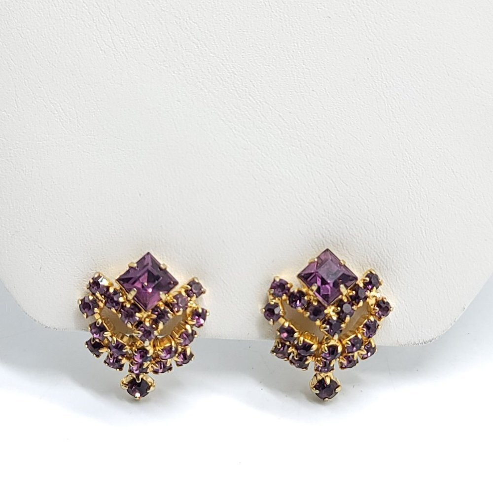 Gold Tone Purple Glass Bling Elaborate Clip On Earrings Vintage